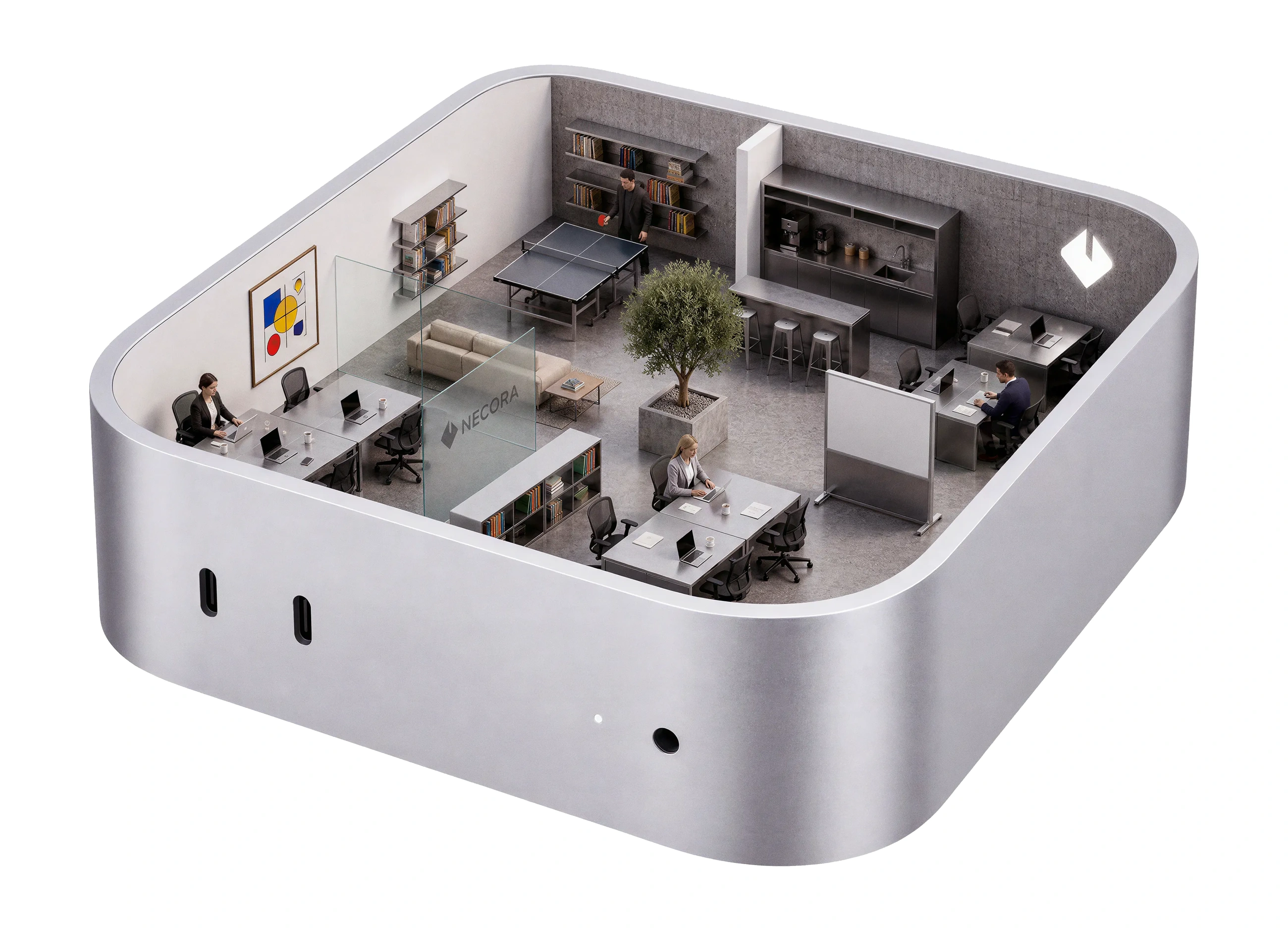 Oficina NECORA dentro de un Mac mini abierto